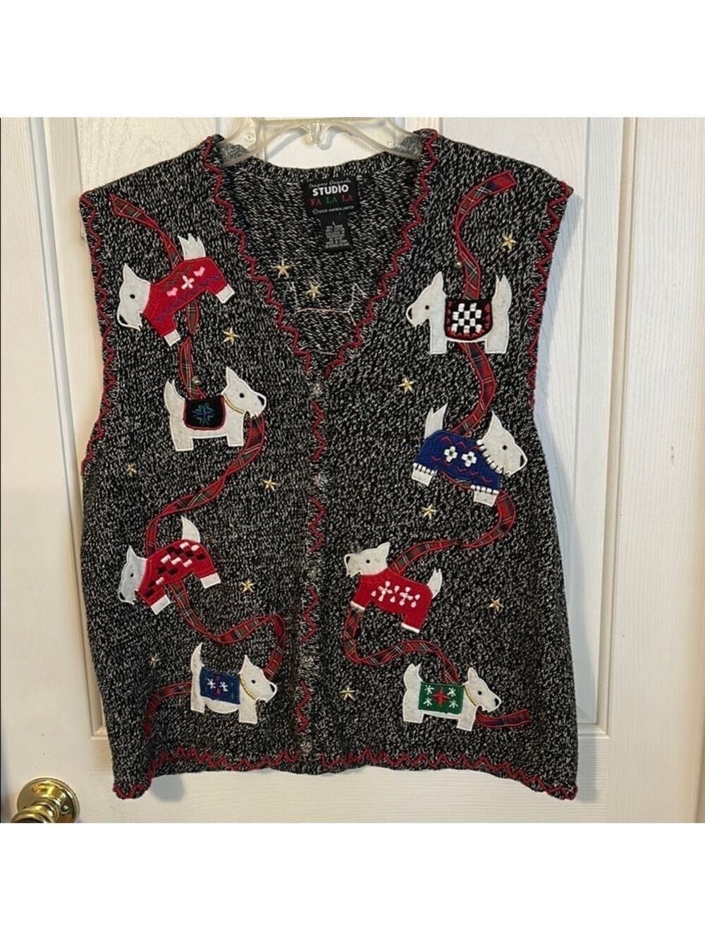 Studio Fa La La Black Knit Christmas Vest with Dog Pattern, size L.